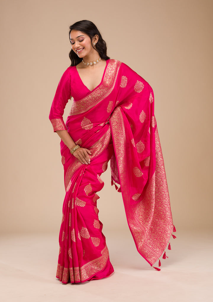 Rani Pink Satin Buti Stonework Saree With Matching Blouse Piece