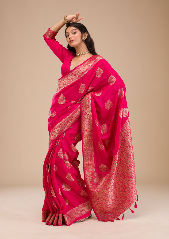 Rani Pink Satin Buti Stonework Saree With Matching Blouse Piece