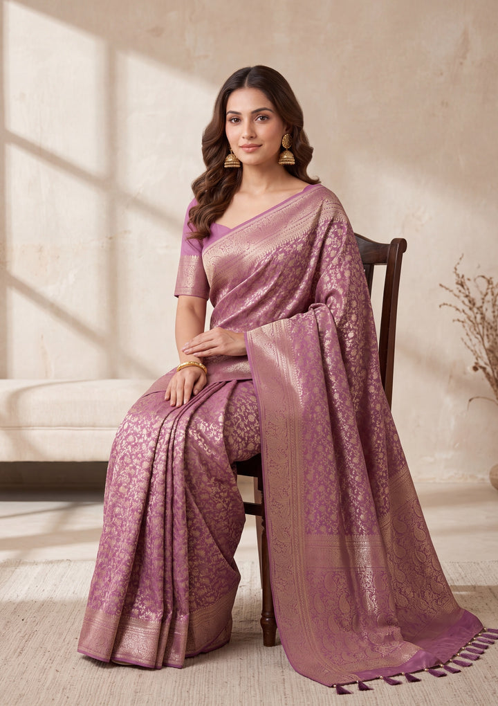 Mauve Satin Jaal Stonework Saree With Matching Blouse Piece