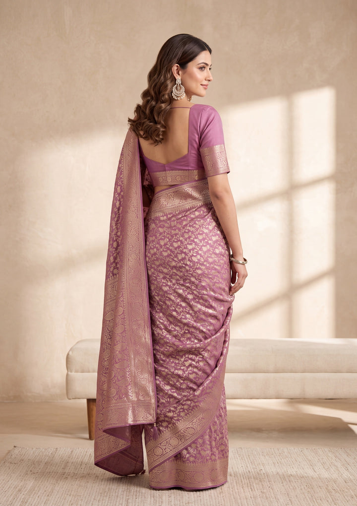 Mauve Satin Jaal Stonework Saree With Matching Blouse Piece