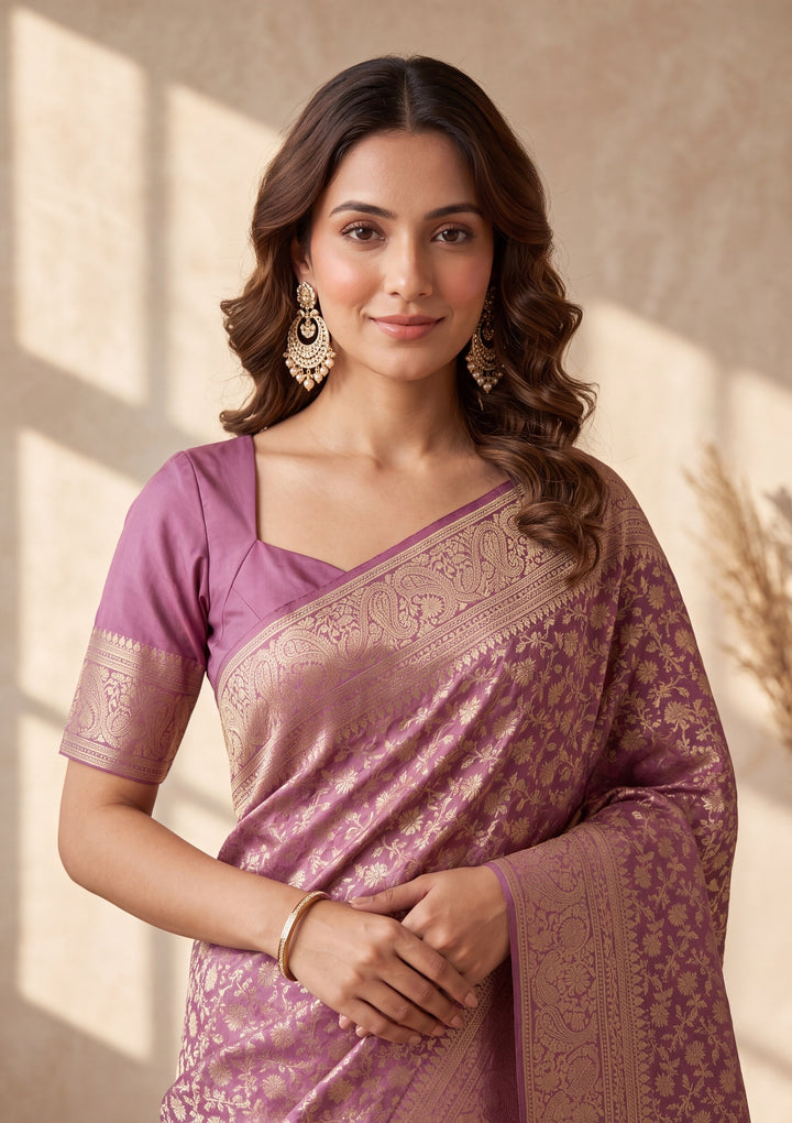 Mauve Satin Jaal Stonework Saree With Matching Blouse Piece