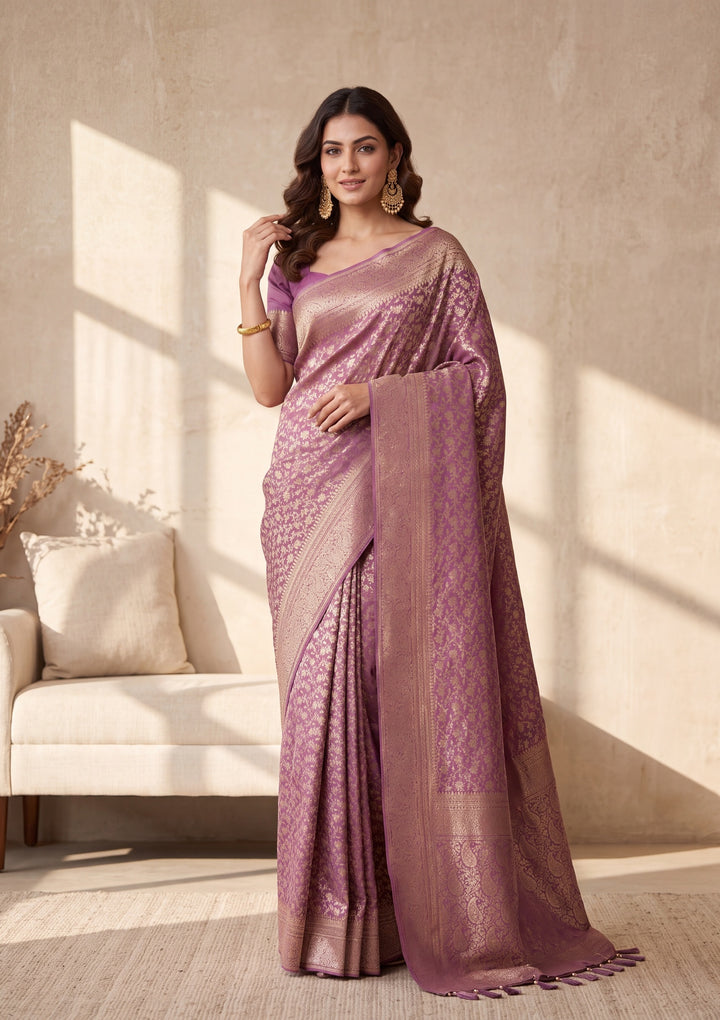 Mauve Satin Jaal Stonework Saree With Matching Blouse Piece