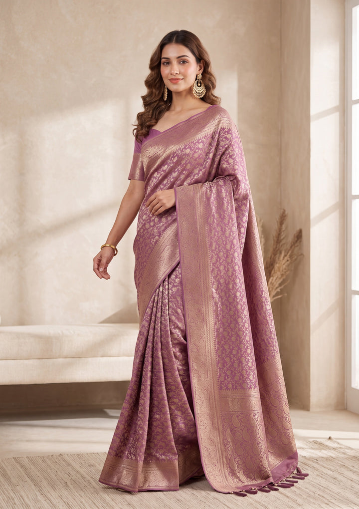 Mauve Satin Jaal Stonework Saree With Matching Blouse Piece