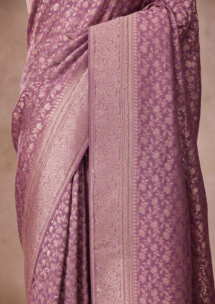 Mauve Satin Jaal Stonework Saree With Matching Blouse Piece
