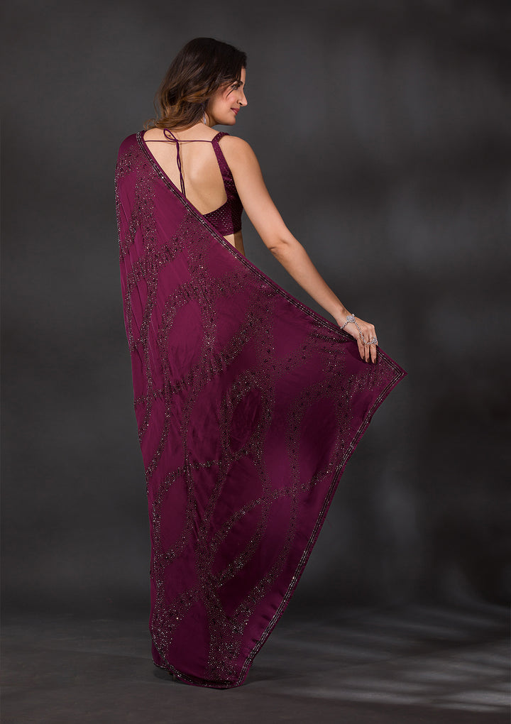 Wine Satin Swarovski Saree With Matching Blouse Piece