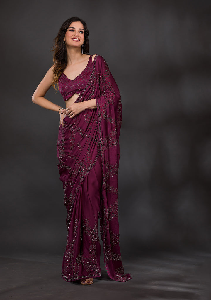 Wine Satin Swarovski Saree With Matching Blouse Piece