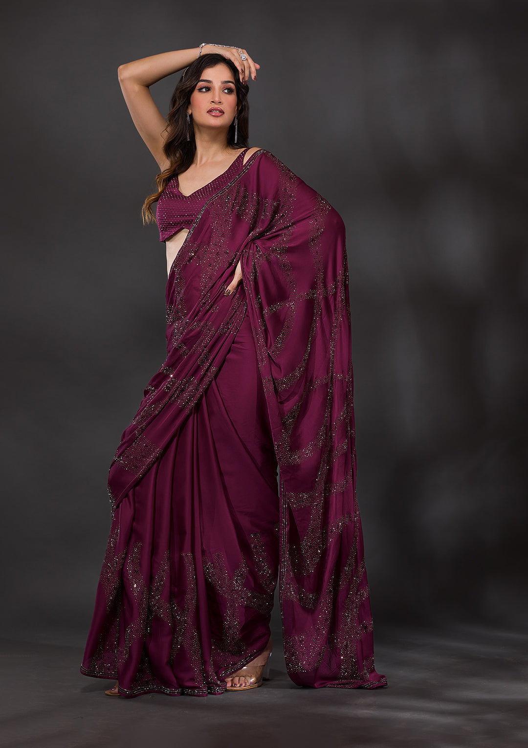 Wine Satin Swarovski Saree With Matching Blouse Piece