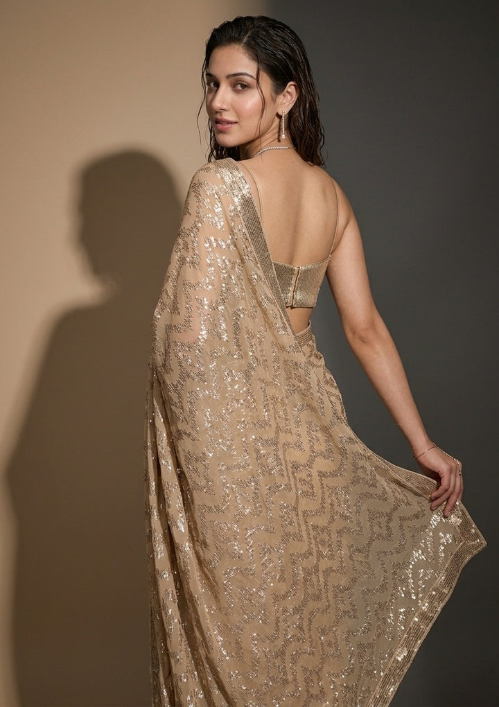 Beige Georgette Sequins Saree With Matching Blouse Piece