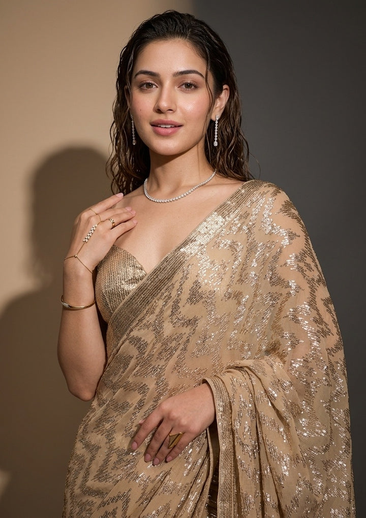 Beige Georgette Sequins Saree With Matching Blouse Piece