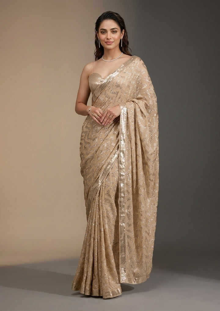 Beige Georgette Sequins Saree With Matching Blouse Piece