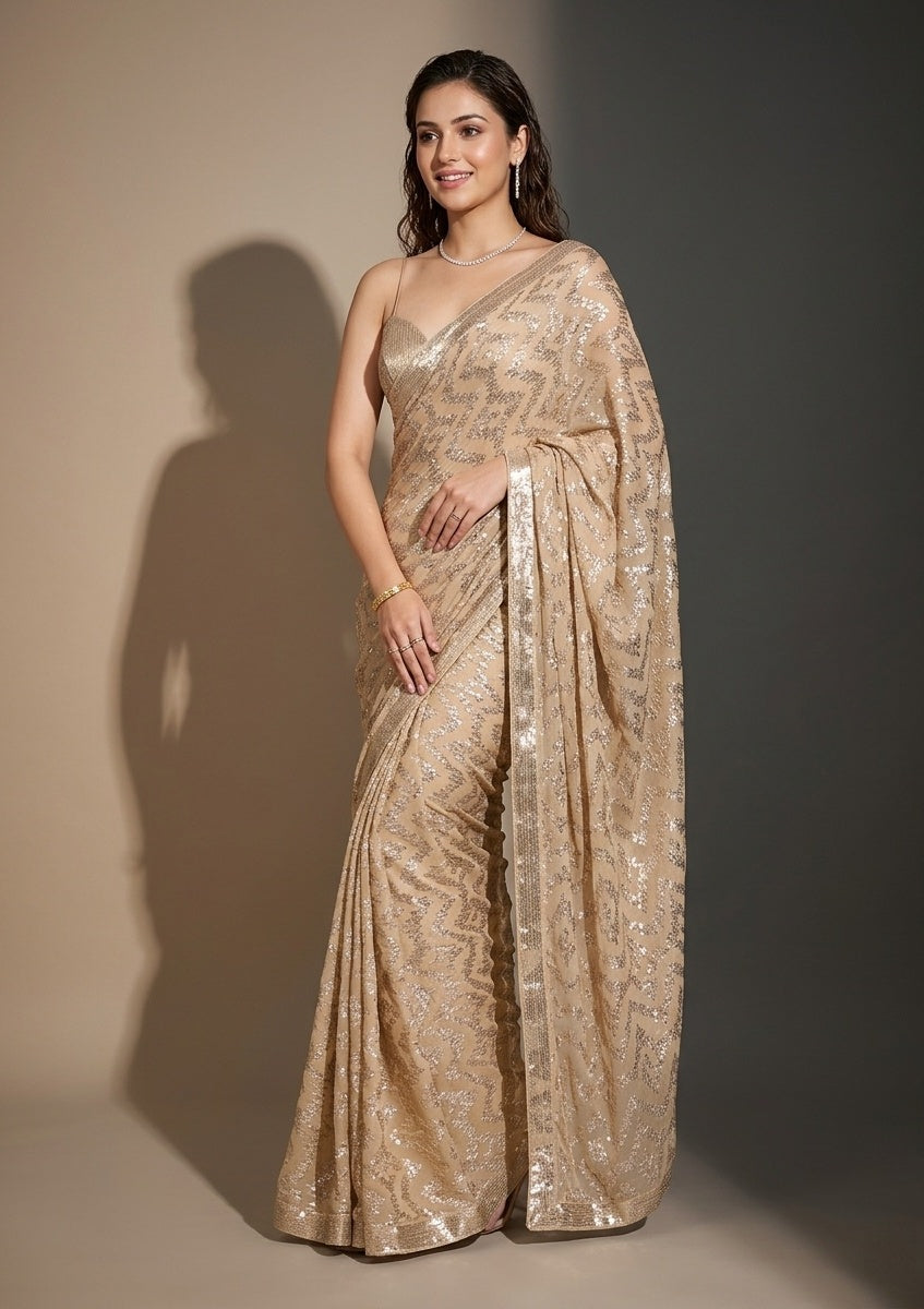 Beige Georgette Sequins Saree With Matching Blouse Piece