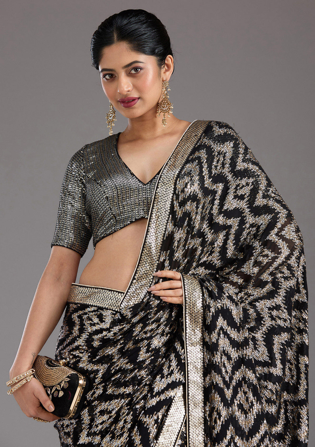 Black Sequins Georgette Saree