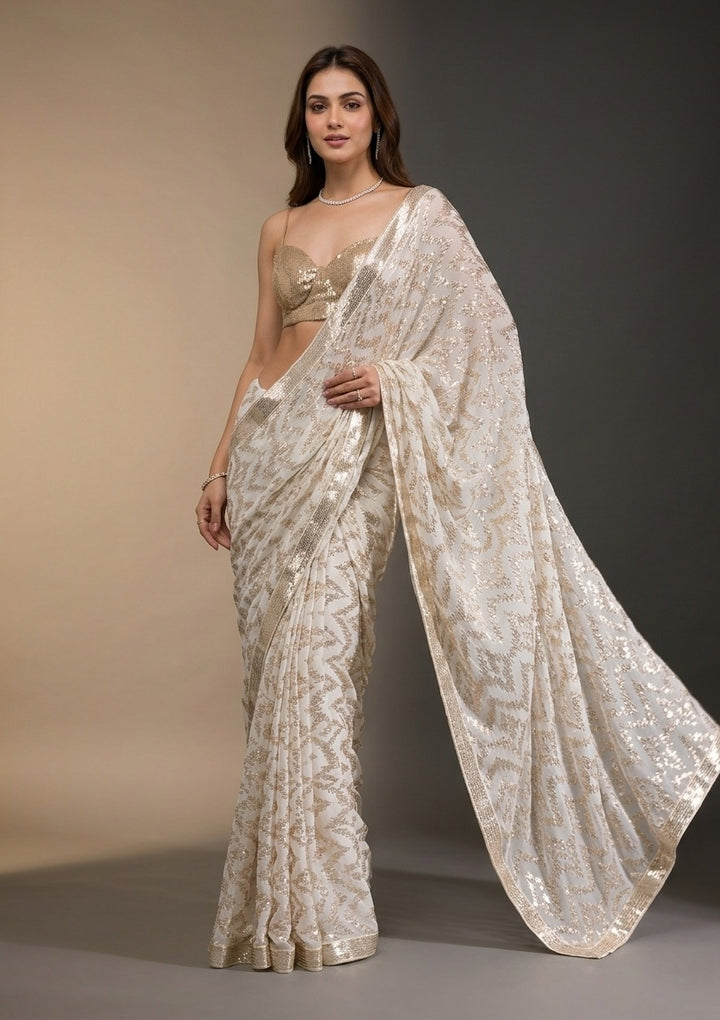 Off White Georgette Sequins Saree With Matching Blouse Piece