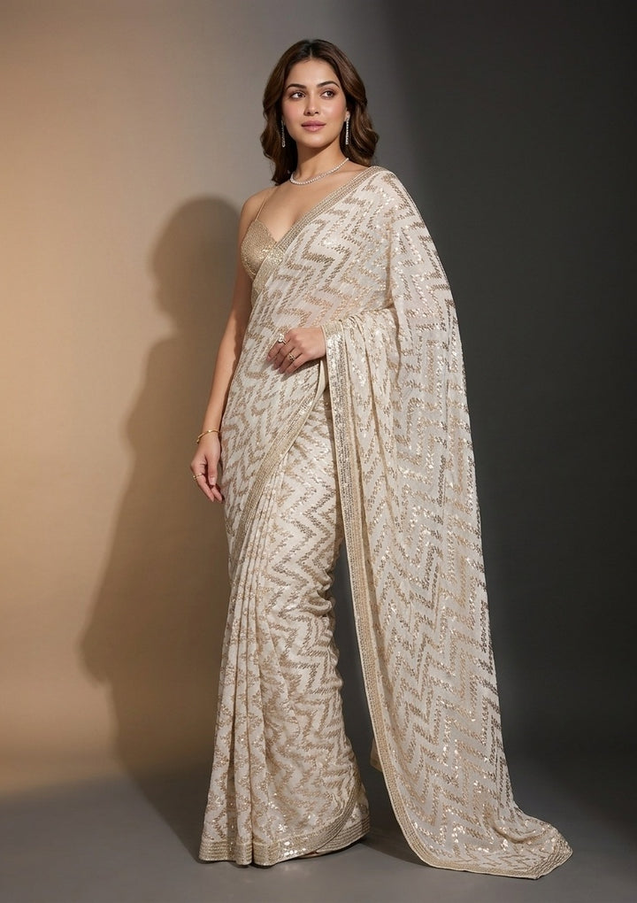 Off White Georgette Sequins Saree With Matching Blouse Piece
