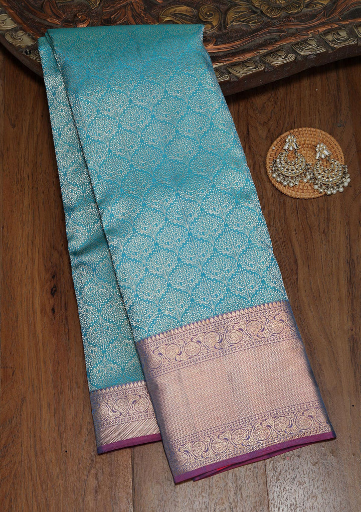 Peacock Blue Pure Silk Jaal Zariwork Saree With Matching Blouse Piece
