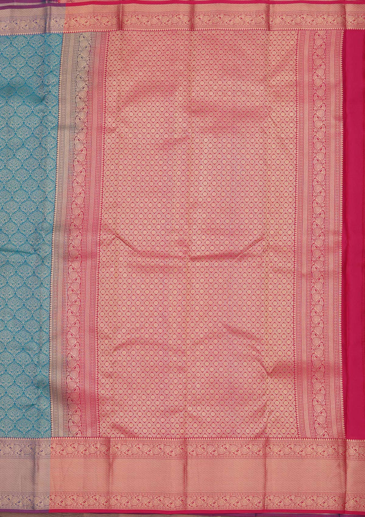 Peacock Blue Pure Silk Jaal Zariwork Saree With Matching Blouse Piece