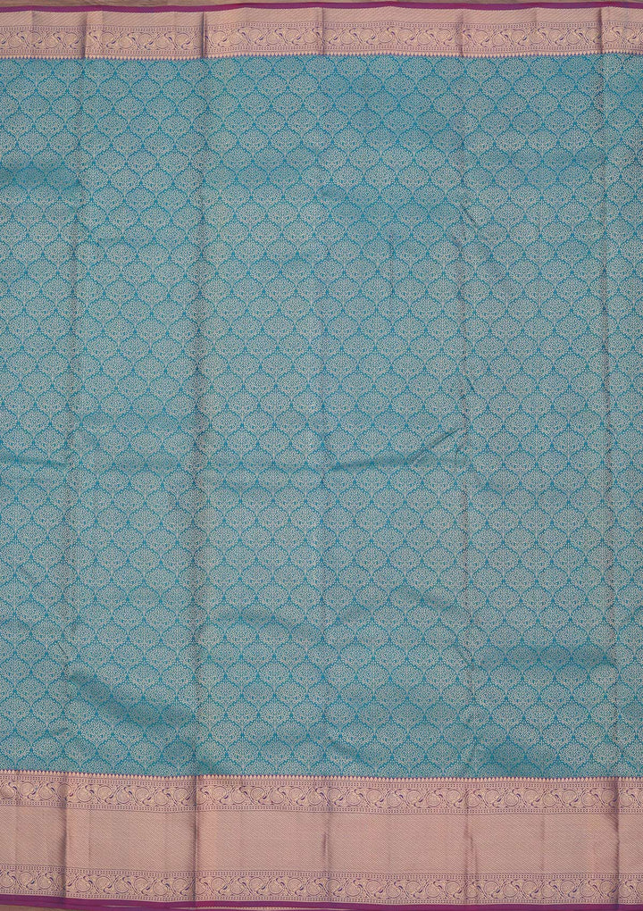 Peacock Blue Pure Silk Jaal Zariwork Saree With Matching Blouse Piece