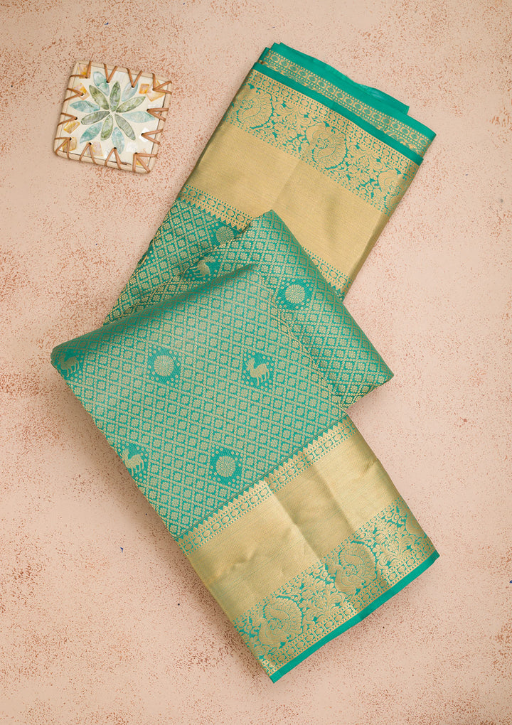 Sea Green Silk Jaal Gold Zariwork Saree With Matching Blouse Piece