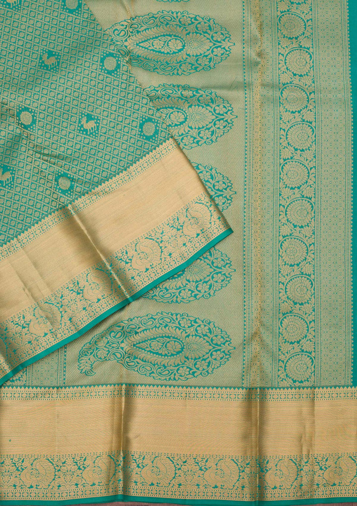 Sea Green Silk Jaal Gold Zariwork Saree With Matching Blouse Piece