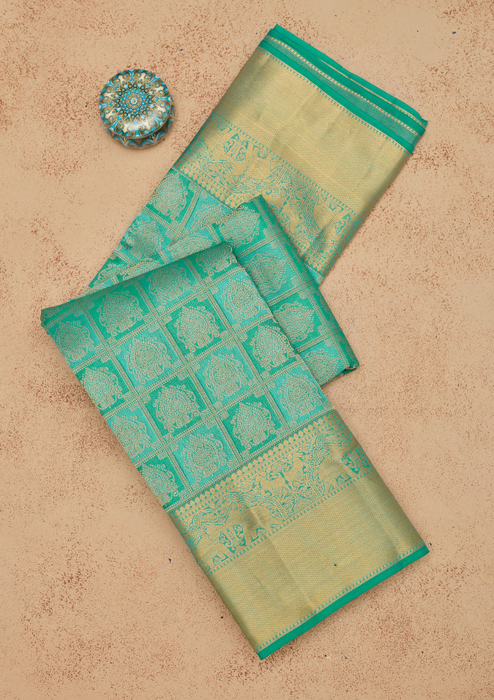 Turquoise Blue Pure Silk Jaal Gold Zariwork Saree With Matching Blouse Piece
