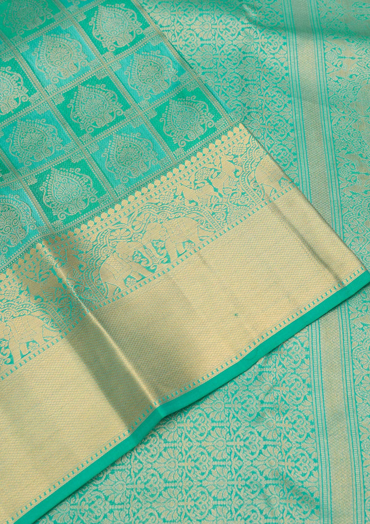 Turquoise Blue Pure Silk Jaal Gold Zariwork Saree With Matching Blouse Piece