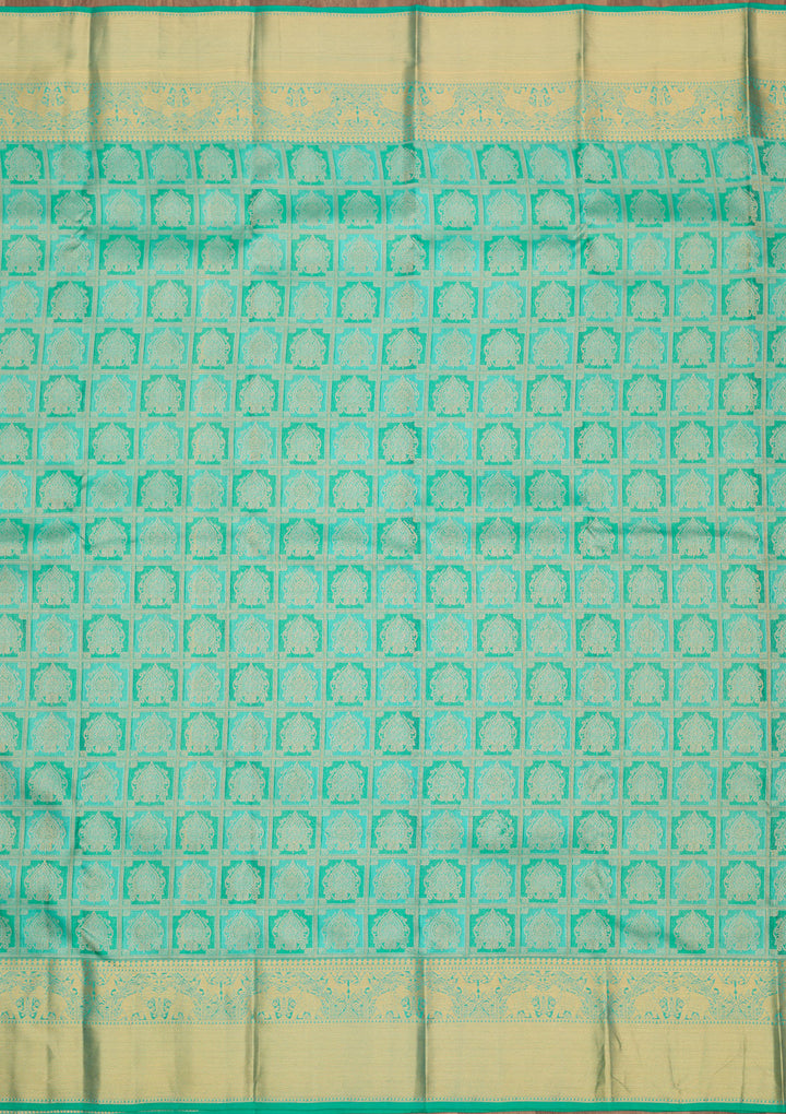 Turquoise Blue Pure Silk Jaal Gold Zariwork Saree With Matching Blouse Piece