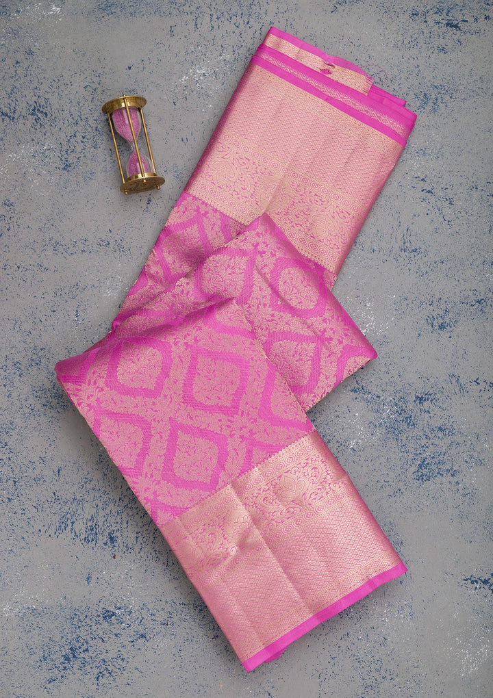Magenta Pink Pure Silk Jaal Gold Zariwork Saree With Matching Blouse Piece