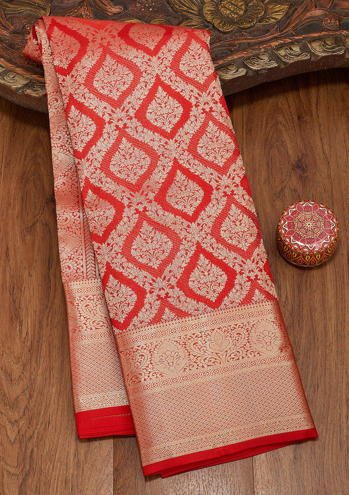 Red Silk Jaal Saree With Matching Blouse Piece