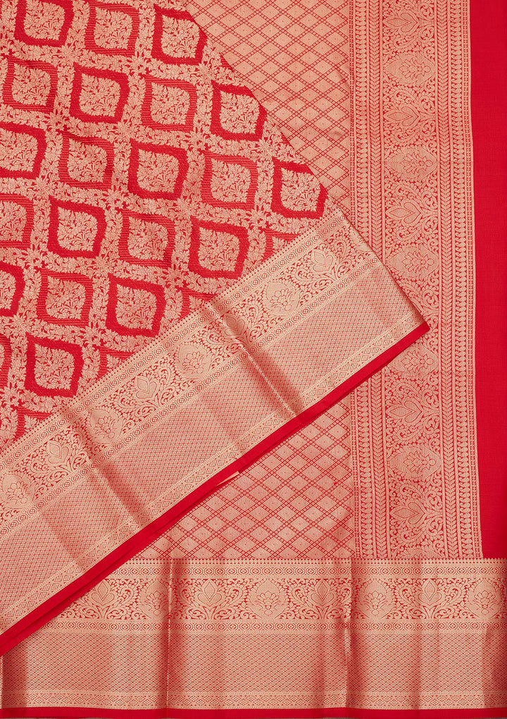 Red Silk Jaal Saree With Matching Blouse Piece