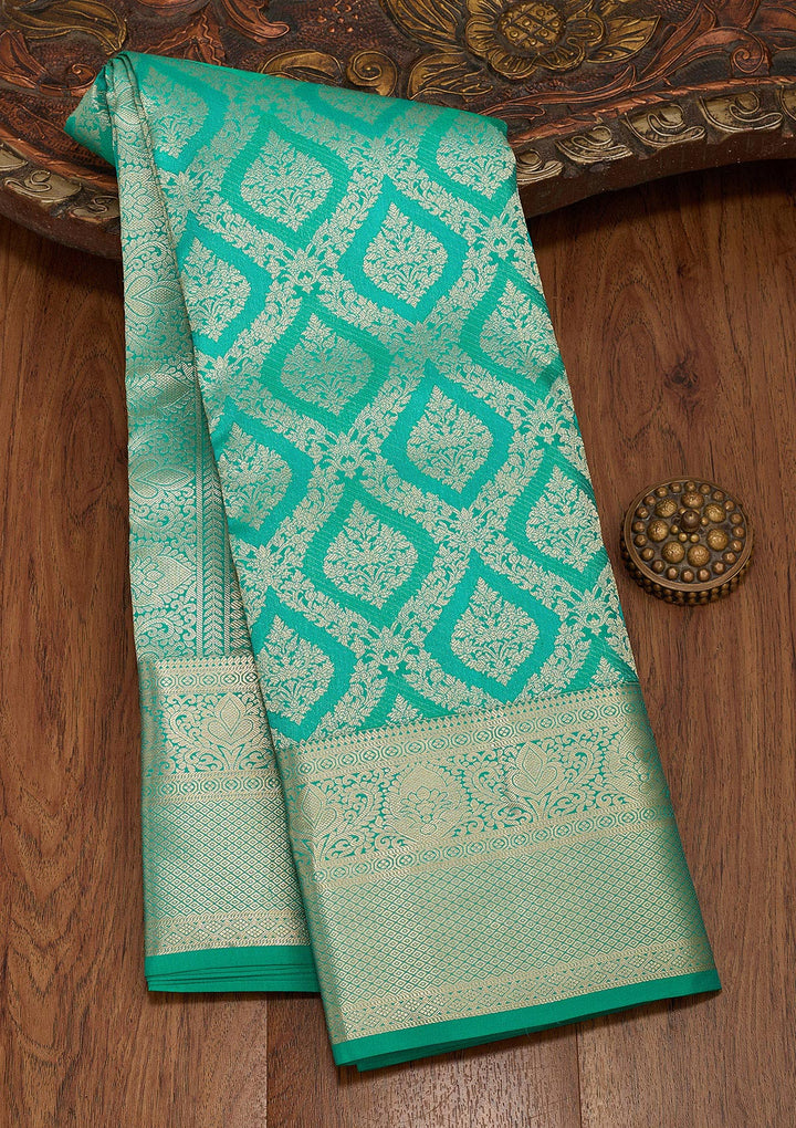 Turquoise Blue Pure Silk Jaal Gold Zariwork Saree With Matching Blouse Piece