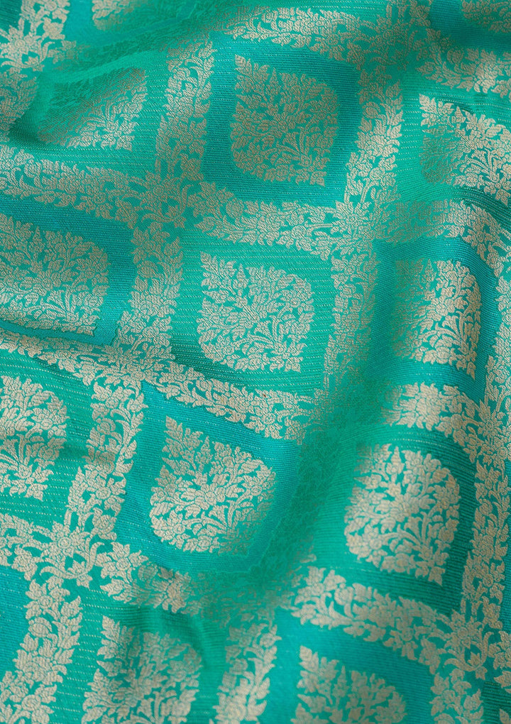 Turquoise Blue Pure Silk Jaal Gold Zariwork Saree With Matching Blouse Piece