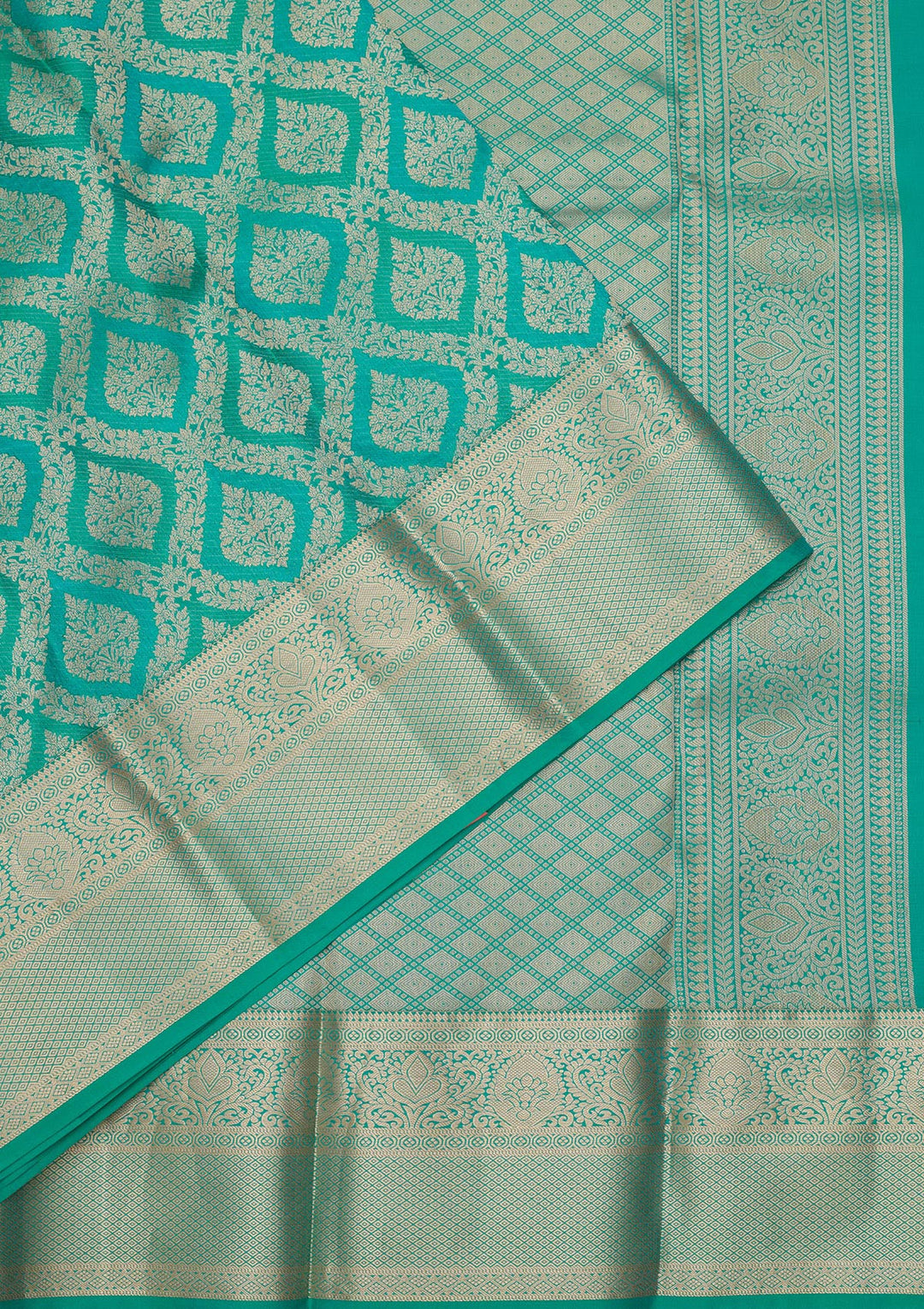 Turquoise Blue Pure Silk Jaal Gold Zariwork Saree With Matching Blouse Piece