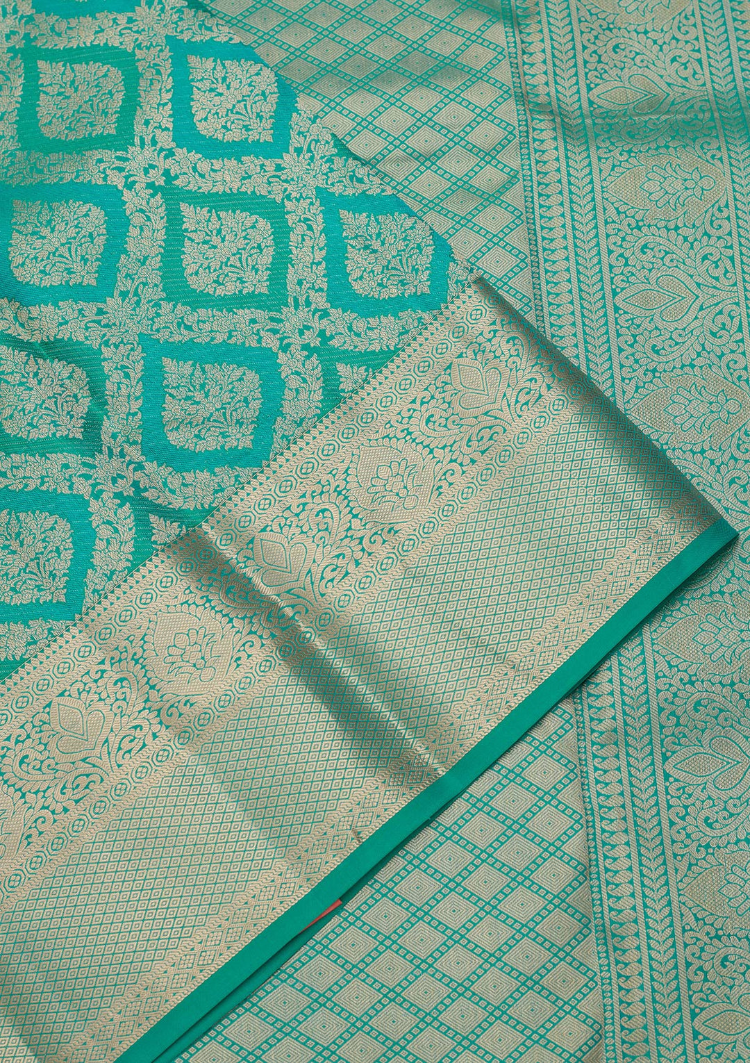 Turquoise Blue Pure Silk Jaal Gold Zariwork Saree With Matching Blouse Piece