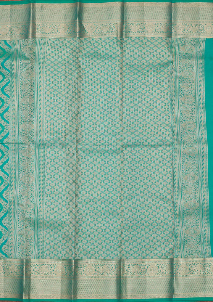 Turquoise Blue Pure Silk Jaal Gold Zariwork Saree With Matching Blouse Piece