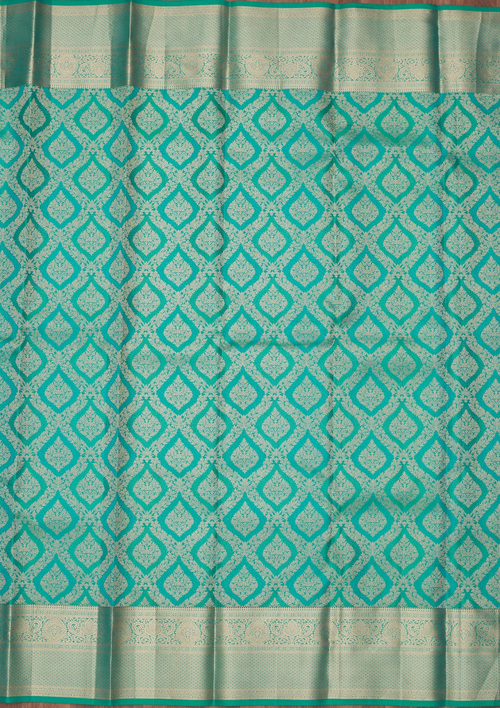 Turquoise Blue Pure Silk Jaal Gold Zariwork Saree With Matching Blouse Piece