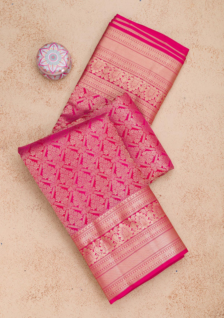 Magenta Pink Silk Jaal Gold Zariwork Saree With Matching Blouse Piece