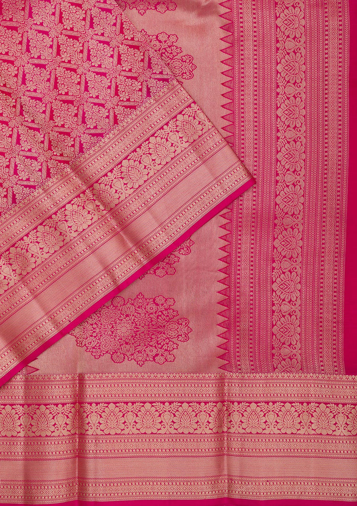 Magenta Pink Silk Jaal Gold Zariwork Saree With Matching Blouse Piece