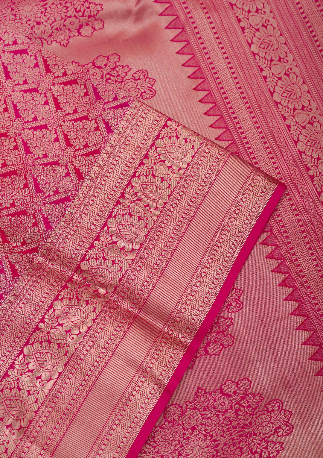 Magenta Pink Silk Jaal Gold Zariwork Saree With Matching Blouse Piece