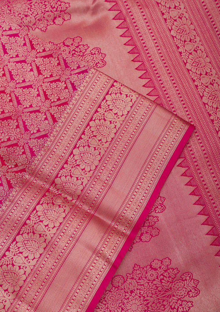Magenta Pink Silk Jaal Gold Zariwork Saree With Matching Blouse Piece