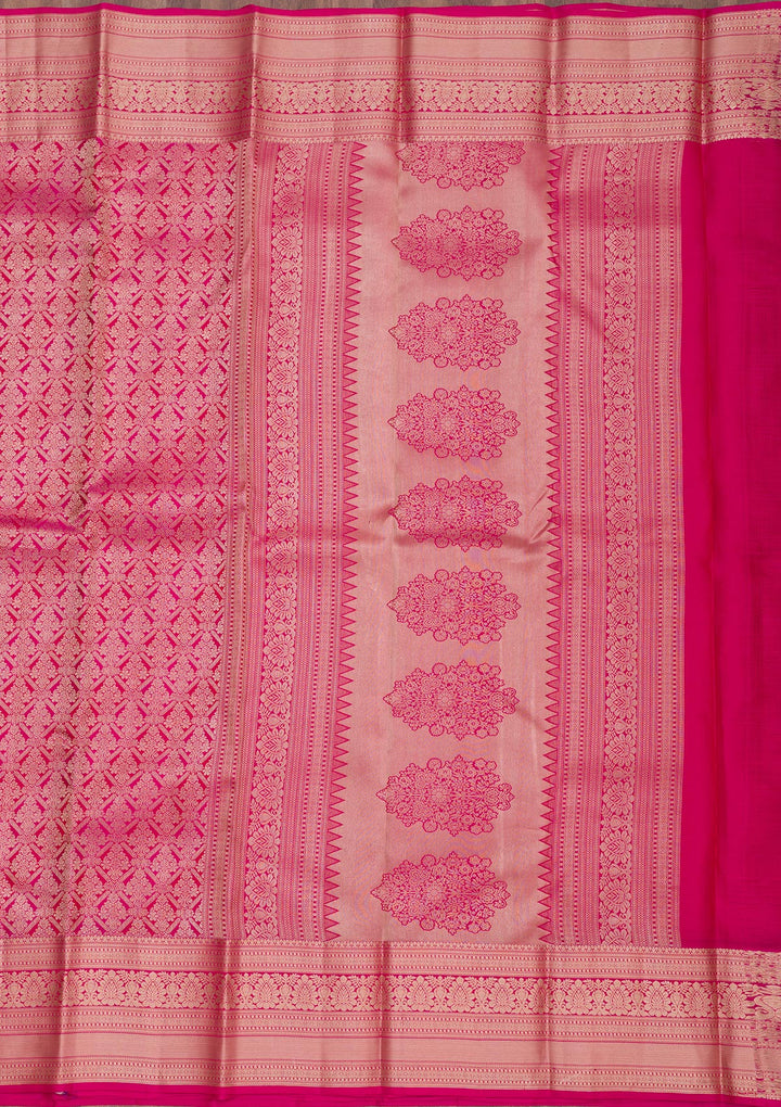 Magenta Pink Silk Jaal Gold Zariwork Saree With Matching Blouse Piece
