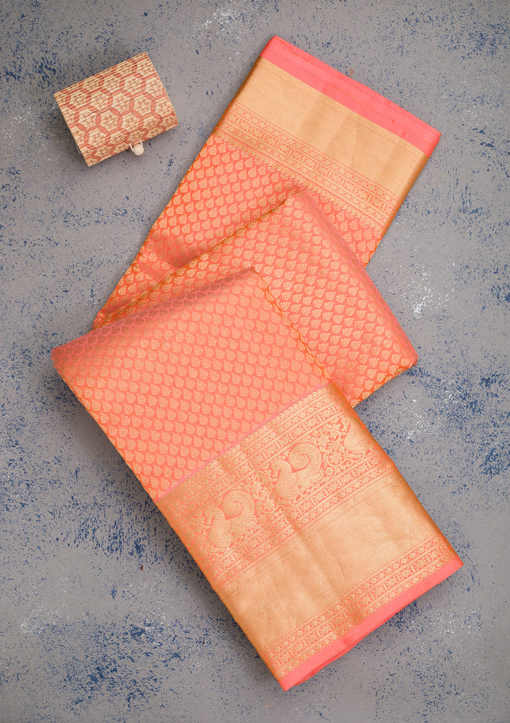 Light Orange Silk Jaal Gold Zariwork Saree With Matching Blouse Piece