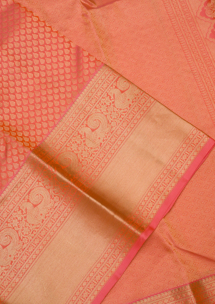 Light Orange Silk Jaal Gold Zariwork Saree With Matching Blouse Piece