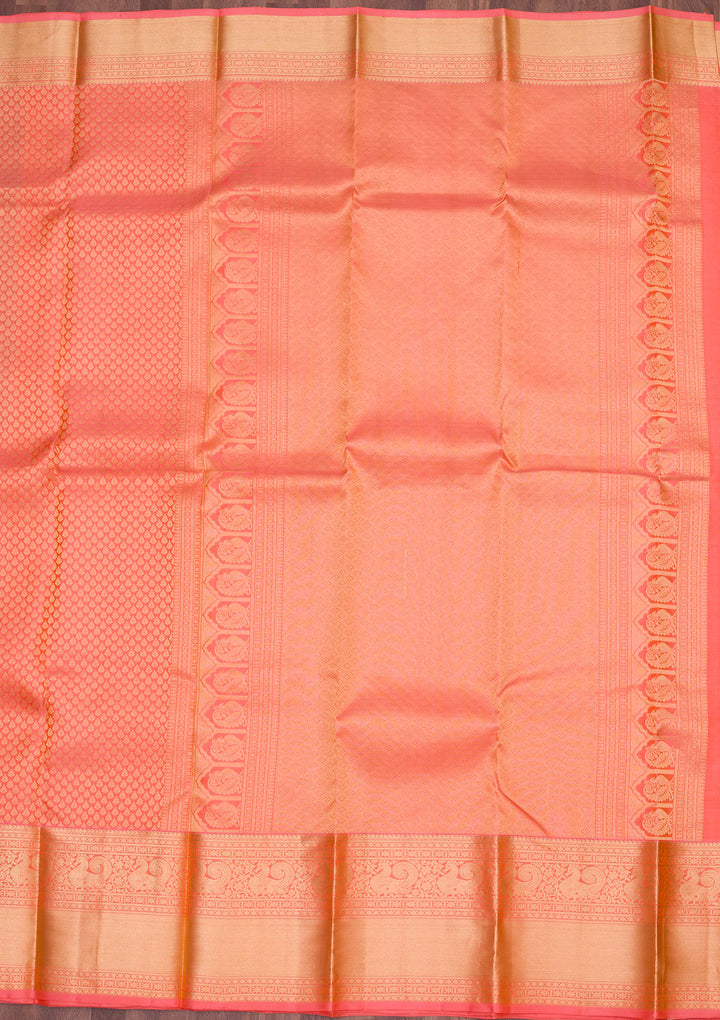 Light Orange Silk Jaal Gold Zariwork Saree With Matching Blouse Piece