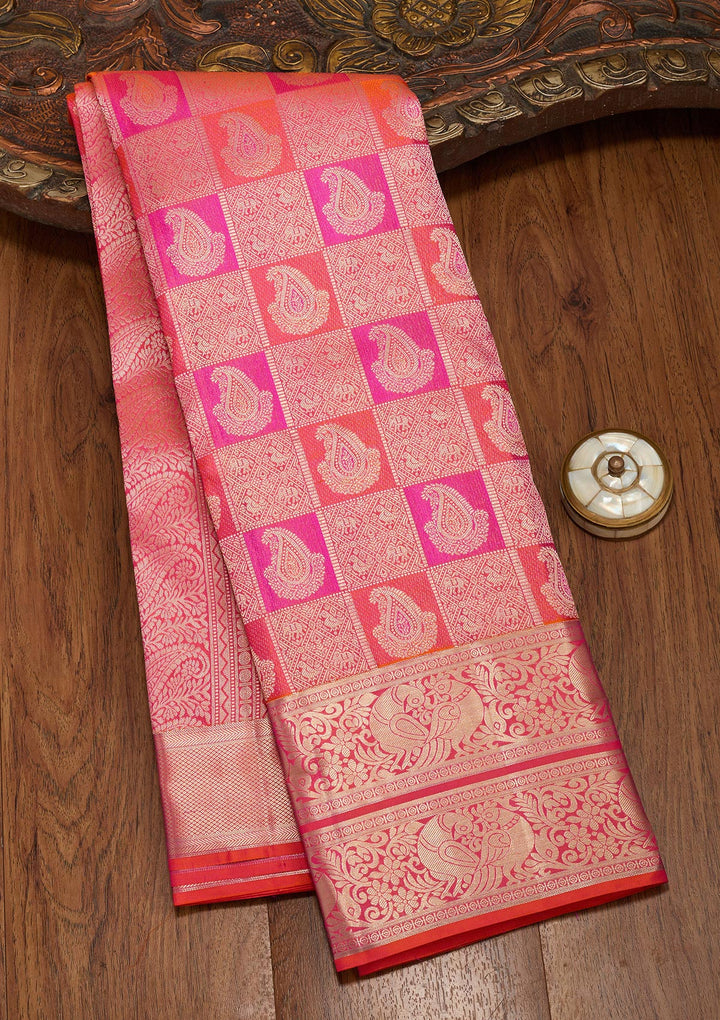 Orange Pure Silk Jaal Silver Zariwork Saree With Matching Blouse Piece