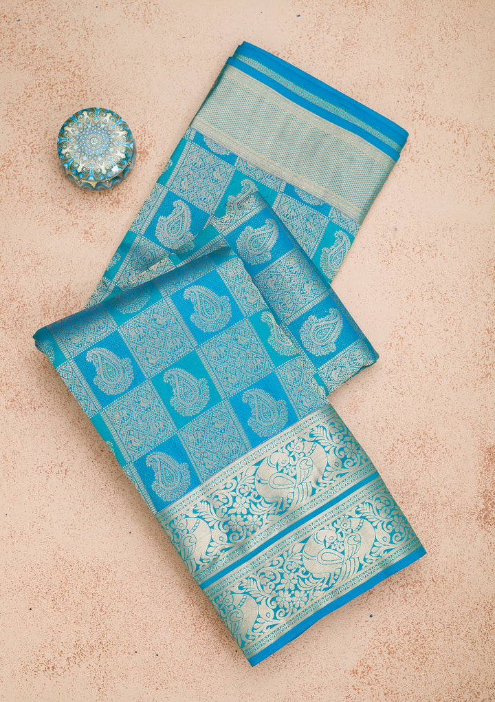 Turquoise Blue Pure Silk Jaal Silver Zariwork Saree With Matching Blouse Piece