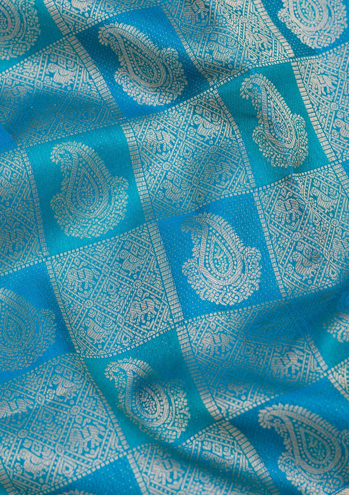 Turquoise Blue Pure Silk Jaal Silver Zariwork Saree With Matching Blouse Piece