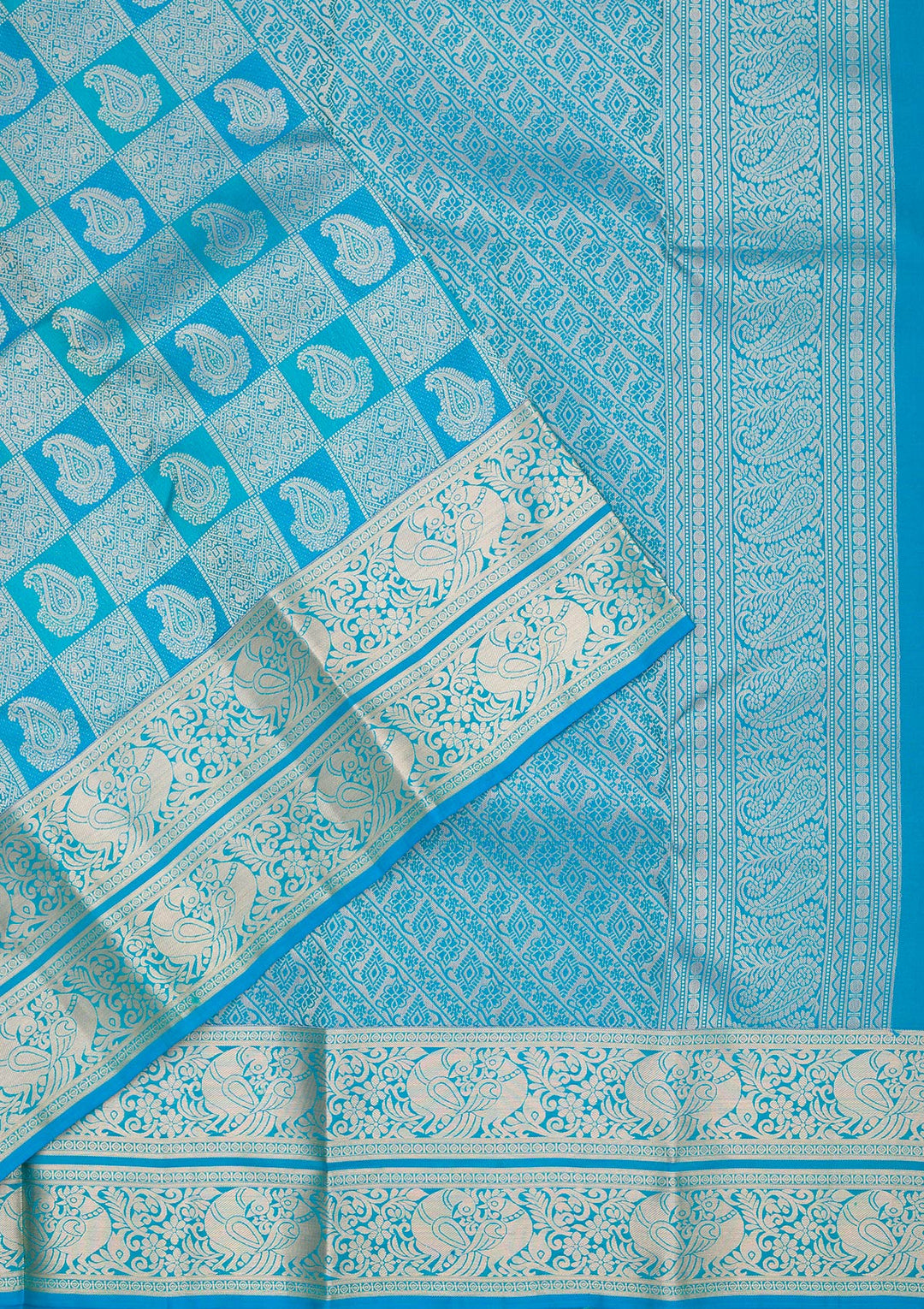 Turquoise Blue Pure Silk Jaal Silver Zariwork Saree With Matching Blouse Piece