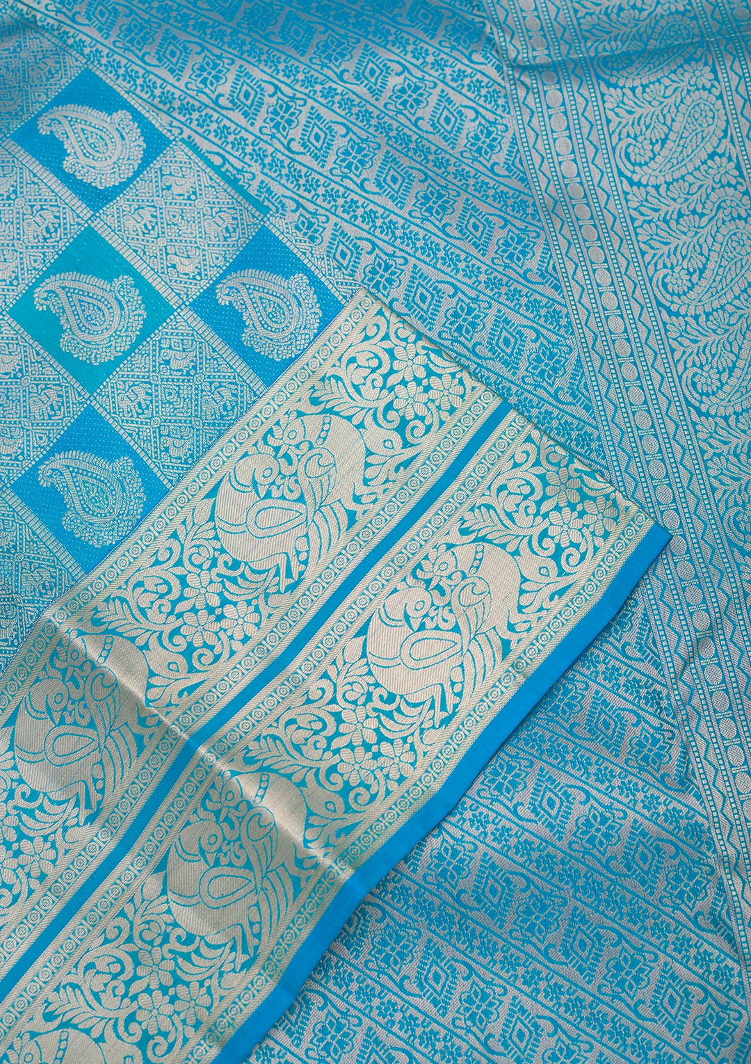 Turquoise Blue Pure Silk Jaal Silver Zariwork Saree With Matching Blouse Piece