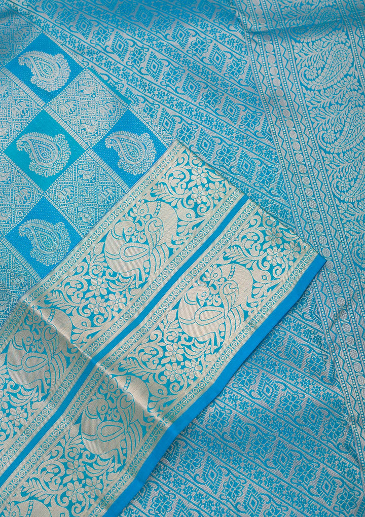 Turquoise Blue Pure Silk Jaal Silver Zariwork Saree With Matching Blouse Piece