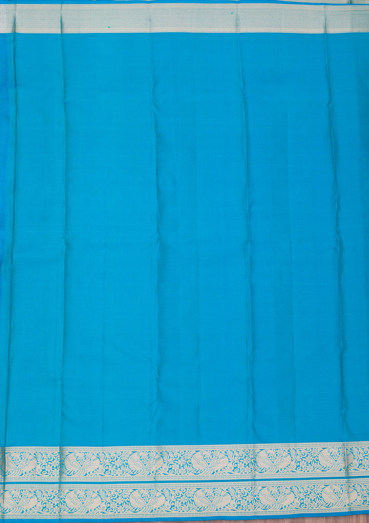 Turquoise Blue Pure Silk Jaal Silver Zariwork Saree With Matching Blouse Piece
